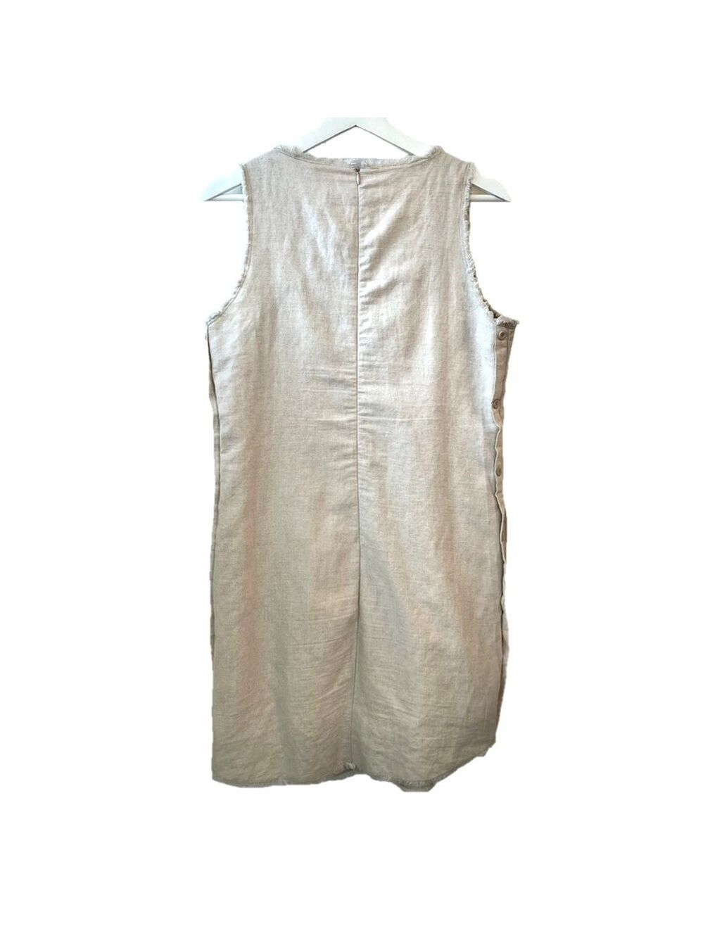 Lost in Lunar Linen Cotton Shift Dress Fringe Trim, Beige Oatmeal Sleeveless, S - Picture 15 of 16